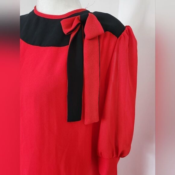 Red & Black 80s Vintage Joseph Ribkoft  Pleated Puff Sleeve Drop Waist Dress - Picture 3 of 7